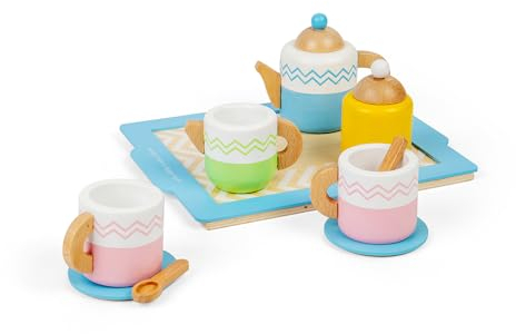 Bigjigs Toys Tea Tray Set - 10 Piece Wooden Teatime Playset, Kids Kitchen Accessories, Food Role Play Toy, Sustainably Made Gifts For Toddlers, Age 18 Months Old +