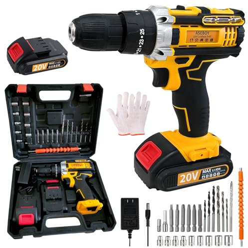 Aseboy Taladro inalámbrico con batería y cargador, taladro eléctrico inalámbrico, juego de taladro eléctrico con portabrocas sin llave de 3/8, 25+3 ajustes de par para atornillar, taladrar (1 batería)