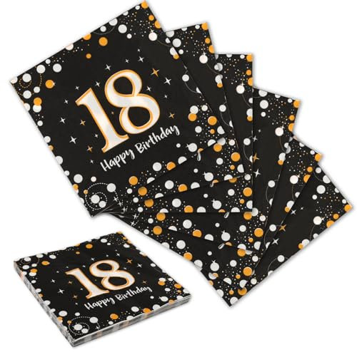 20 Stück 18 Geburtstagsdeko Servietten, 18. Geburtstag Junge Servietten, 2-Lagig Servietten, 33cm x 33cm Schwarz Gold Papier Party Servietten, Tischdeko für 18. Geburtstag Junge Mädchen