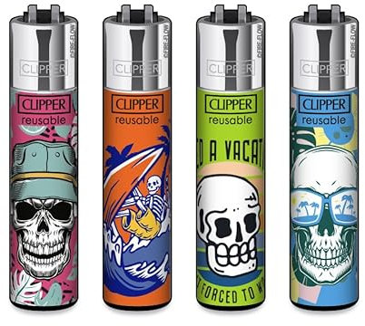 Clipper Feuerzeuge, Set mit 4 Stück, außergewöhnliche Motive (Vacay Skulls)