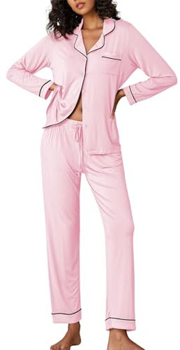 Ekouaer Pigiama Donna Lungo Inverno Cotone Due Pezzi Pigiama Manica Lunga Morbido Abbigliamento da Notte Rosa M