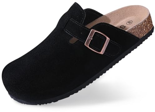 shevalues Women's Suede Clogs Leather Mules Cork Footbed Sandals Slides Potato Shoes with Arch Support Black