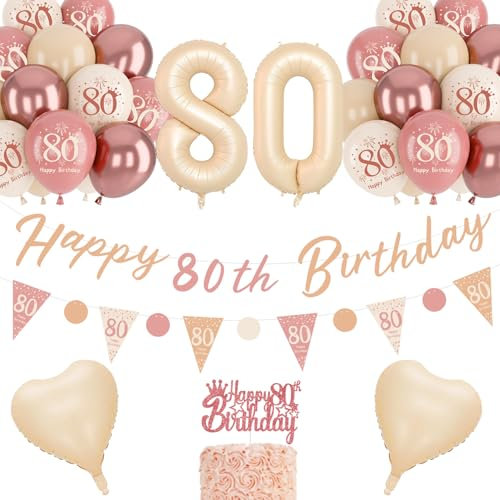 80th Birthday Decorations for Women, Retro Blush Pink Balloons, 80th Birthday Banner, Unique Triangle Flag Banner, 80th Birthday Balloons, Rose Gold White Sand Nude Balloon Set
