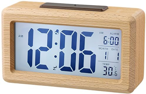 RWSRW Wecker Digital aus Holz mit Großem LCD-Display Wecker Batteriebetrieben mit Datums Tragbarer Wecker für Schlafzimmer Home Office (Batterie Nicht Enthalten)