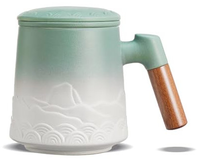 ZENS Tasse à Thé avec Infuseur et Couvercle, 500 ML – Tasse en Céramique Gaufrée pour Thé en Feuilles, Poignée en Bois – Mug avec Filtre pour Amateurs de Thé, vert matcha