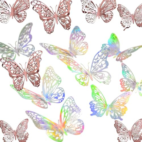 48Pcs Butterfly Cupcake Topper,3D Butterfly Cake Topper 3 Sizes,24*Rose Gold and 24*Fantasy Silver Butterfly Decorations for Wedding Anniversary Birthday Party Decorating