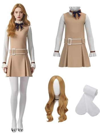 Koongso Damen Gruseliger Horrorfilm Megan Kostüm, Erwachsene Megan Puppe Kleid Schuluniform Cosplay Outfit Komplettes Set mit Perücke Hemd Gürtel Socken für Halloween Party