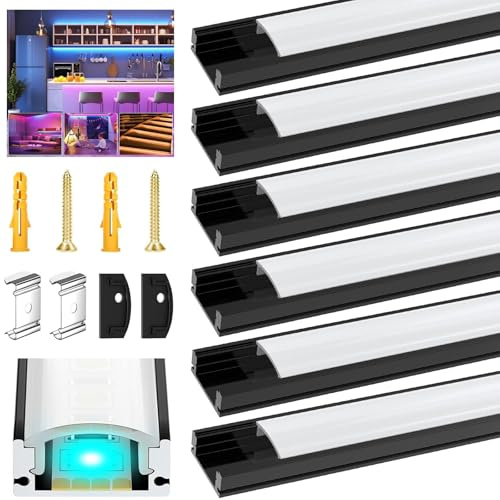 VEANANO LED Alu Profil Schwarz, 6er Pack U-Form Aluminium Profil für LED Streifen mit Milchiger Abdeckung, 1M Aluminiumleiste für Einbau & Aufputz, LED Schiene für Unterbauleuchte Küche, Schrank, Wand