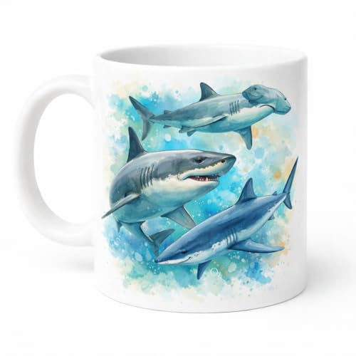Brew Crew Gifts Shark Watercolour Mug, White Ceramic, 11 oz, Ocean Theme, Dishwasher Safe