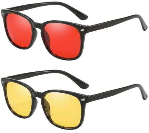 GRUMAU®️ Pack de 2 Gafas: Rojas Bloqueo Luz Azul y Amarillas – Filtro Luz Azul para Uso Diario y Nocturno, Diseño Elegante Hombre y Mujer, Incluye Paño de Limpieza