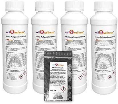well2wellness® Saunaaufguss Set 4 x 250 ml mit Ingwer-Citro, Limette-Bambus, Mango-Maracuja, Grapefruit-Cassis gratis 10g Mentholkristalle