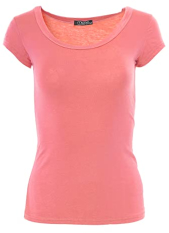 Easy Young Fashion - Damen Basic Rundhals T-Shirt - Kurzarm Unterziehshirt Skinny Fit 1001 - Koralle L