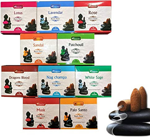 Lot de 12 paquets de cônes d'encens naturels à refoulement - 120 pièces au total - 10 parfums : sang-dragon, lavande, musc, nagchampa, palo santo, rose, patchouli, sandale, sauge blanche, lotus