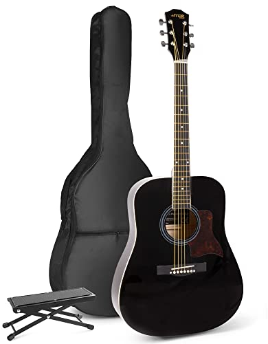 MAX SoloJam Akustik Gitarre Set - Westerngitarre, Fußstütze, Gitarrentasche, Plektrum, Gitarrenstimmgerät, Schultergurt, Saiten, Gitarren-Starterset mit Zubehör - Schwarz