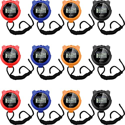 TOODOO 12 Pack Digital Stopwatch Bulk with Lanyard, Black Blue Red Orange