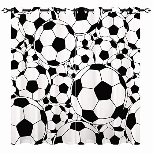 YUANZU Jungen Vorhänge – Kinder weiß/Schwarze Bälle Sport Fußball Druck Muster Ösen Verdunkelung Wärmeisoliert & Fenstervorhänge für Kinderzimmer Baby Schlafzimmer 2 Vorhänge B 117 cm x T 137 cm