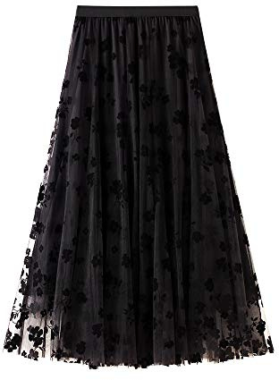 YILEEGOO Women's Tulle Skirt High Waist Tiered Layered Mesh Ballet Prom Party Tulle Tutu A-line Midi Skirt (Black Floral, One Size)