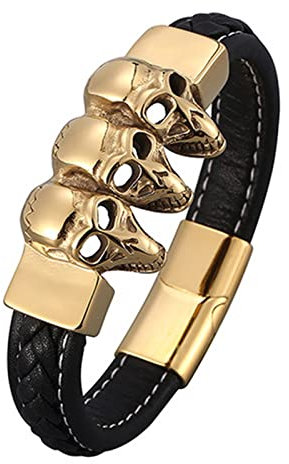 Whoiy Herren Armbänder Totenkopf, Herren Armband Verstellbar Leder Gold 3 Totenkopf-Lederarmbänder für Männer 18.5cm