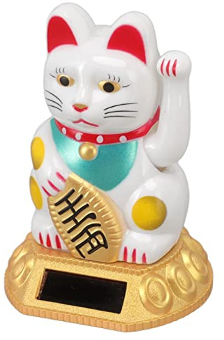 ASHATA Winkende Katze, Niedliche Chinesische Glückliche Katze, Dekoration, Winkender Arm, Automatisch Winkende Hand, Solarlicht, Induktionsstatue, Figurine für Zuhause, Auto-Ornamente (Weiß)