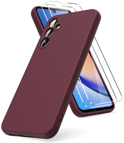 Vansdon Funda Compatible con Samsung Galaxy A34 5G, 2 Unidades Protector Pantalla Cristal Templado, Silicona Líquida Gel Ultra Suave Funda- Burdeos