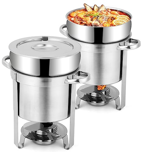 Snowtaros 7QT Soup Chafer, Stainless Steel Round Soup Warmer with Pot Lid & Fuel Holder, Commercial Soup Pot Chafing Dish for Catering, Parties, Banquets, Events (2 Pack)