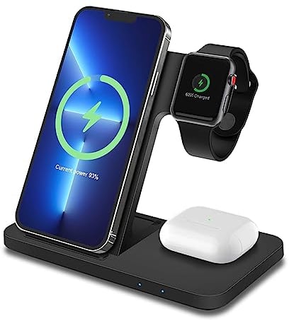 MMOBIEL Wireless Charging Station Compatible with iPhone, Apple Watch and AirPods – 3-in-1 Wireless Charger Stand 18W Compatible with Qi Magsafe – Fast Charging Dock – Black