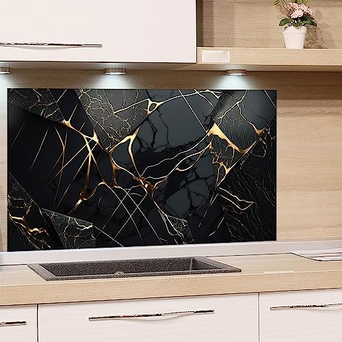 GRAZDesign Spritzschutz Küchenrückwand Glas Küche für Herd & Küchenspüle, Schwarz Granit Optik mit goldenen Linien | Glasplatte Rückwand Küchenwand | 80x50cm