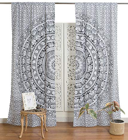 Popular Handicrafts Bedruckte Vorhänge, 2 Stück, indischer Hippie-, Boho-Stil, wunderschöne Elefanten-Mandala-Vorhangpaneele, Schwarz und Weiß, 106,7 x 254,4 cm
