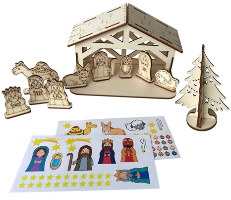 FOTOFOL Bastelset Weihnachtskrippe aus Birkensperrholz mit Aufkleber - Krippe, Krippenfiguren, Weihnachtsbaum zum bemalen für Kinder - Weihnachtsdeko aus Holz - schöne Geschenk-Idee zu Weihnachten