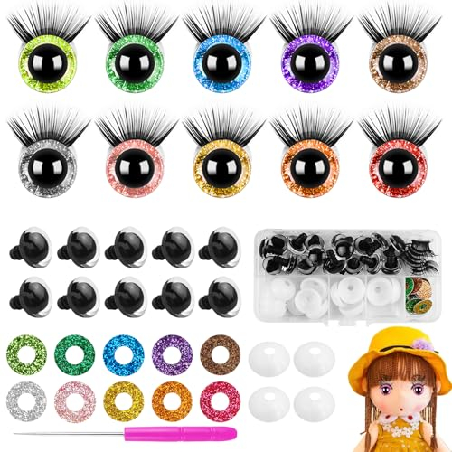 HavaCue 30 Stück Sicherheitsaugen für Häkeltier,16MM Sicherheitsaugen mit Wimpern,Glitter Augen für Häkeltiere,Kunststoff Amigurumi Augen für Teddyaugen DIY