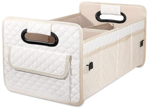 JiatuA Car Trunk Organizer for SUV, Car Storage Organizer Collapsible Multi Compartment Container Box Adjustable Car Accessories for Women Men, Beige