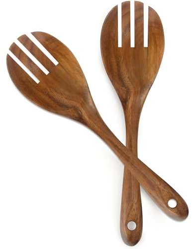 Teak Wood Sporks 10.2-Inch Pack of 2, Teak Wooden Salad Forks with Ergonomical Handles, Salad Fork for Cooking, Wooden Spork for Salad Serving