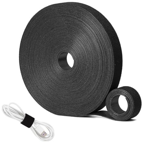 Velcro Strap 5m Adjustable Cable Straps with 25 Buckles, Free Cut Length, Black Reusable Fastening Cable Ties, Hook and Loop Securing Strap for Cable Tidy, Wire Management, Cord Organiser, 2cm Wide