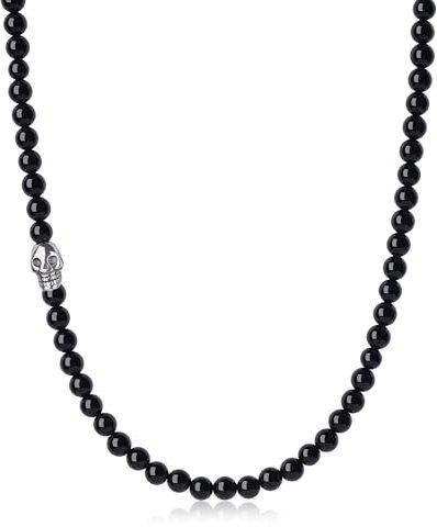 GAVU Kristall Perlenkette für Herren mit Totenkopf Charm und 6mm Onyx-Perlen 60cm