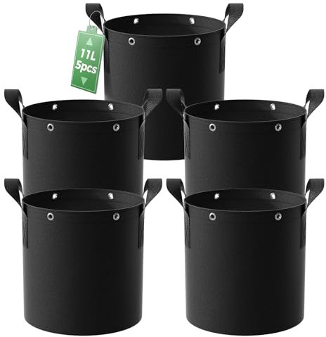Estefanlo 5er-Packung 11L Pflanzsack, Stofftopf mit Ringen,Vliesstofftöpfe mit Griffen und Multifunktionsösen,Pflanzsack aus Vliesstoff mit Griffen für Kartoffeln Tomaten Gemüse,Grow Zubehör 3Gallonen