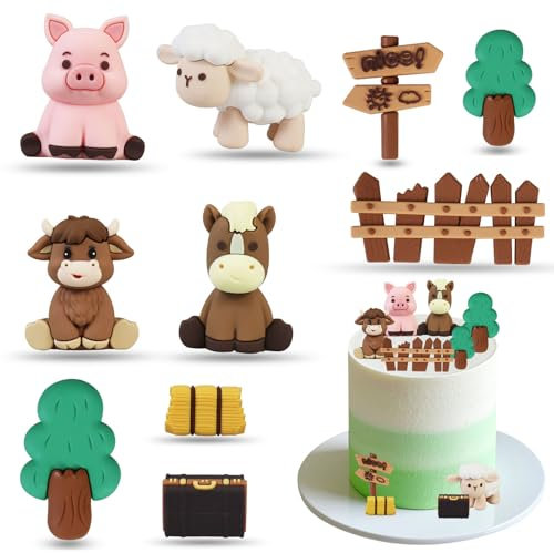 10Pcs Farm Animal Cake Decoration Set 3D Farm Animal Cake Decoration with Pig Sheep Horses Yak Fence Trees Animal Happy Birthday Cake Toppers for Kids Baby Shower Birthday Party Decorations