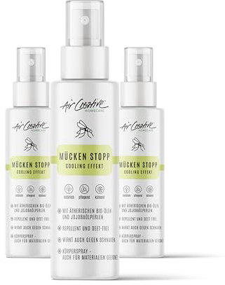 Air Creative - Mückenspray Kinder & Erwachsene, Mückenschutz DEET-frei (300ml), mit Jojoba-Perlen und Ätherischen Ölen für Pflege und Kühlung - Effektiv gegen Mücken und Schnaken - 3er Pack (300ml)