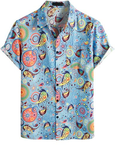 PARKLEES Men's Casual Linen Breathable Short Sleeve Button up Hawaiian Shirts Hipster 70s Hippie Tops Blue X-Large