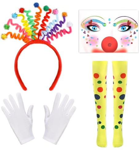 DPKOW Clown Kostüm Damen Zubehör, Haarreif Gesichtstattoo Karneval Handschuhe Strumpfhose Konfetti Kostüm Zirkus Clown Zubehör Faschingskostüme Damen Accessoires Haarreif Karneval Kopfschmuck