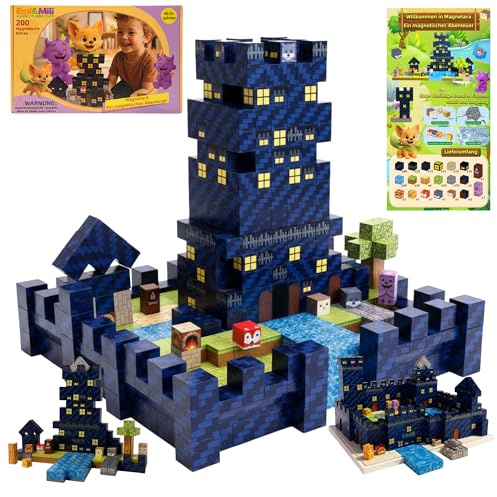 Generisch EMI & Mili Magnetische Bausteine – 200 Teile Konstruktionsspielzeug für Kinder ab 3 Jahren – Kreatives Lernspielset mit starken Magneten im Pixel-Design