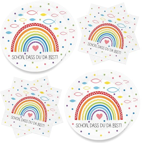 WenmthG 40 Stück Konfirmation Deko Servietten und Pappteller Fisch um Regenbogen, Tischdeko für Taufe, Kommunion, Konfirmation und mehr. Ideal für Jungen Mädchen mit Spruch Schön dass du da bist