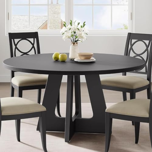 GarveeLife Mesa Redonda de Comedor 120 cm,Mesa de Cocina Rústica | con Patas de Madera Tablero MDF Resistente, para 4-6 Personas, para Comedor, Cocina y Salón, Color Negro, Solo Mesa