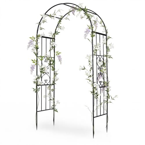 GYMAX Arche de Jardin en Métal, Treillis à Rosiers Extérieure | 117 x 57 x 231 cm, Sommet Arrond, Motifs Décoratifs, Support pour Plantes Grimpantes, Déco pour Pelouse Allée Mariage Fête