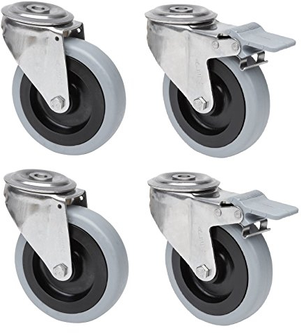 Satz Transportgeräterolle Edelstahl 100 mm Rad mit Gummibereifung grau spurlos Rückenloch Lenkrolle mit ohne Feststeller V2A INOX Edelstahlrolle Polyamidrad Totalfeststeller Bremse Stop Vollgummi