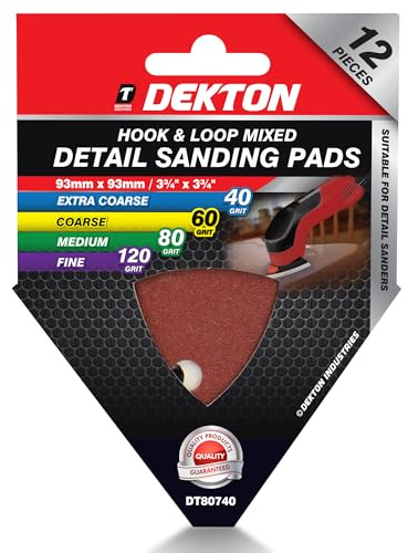 Dekton 12PC Hook and Loop Detail Sanding Pads, 93mm/Extra Coarse - Assorted | Ideal for Detail Sanders | Multi-Surface Use on Wood, Metal, Plaster, Plastics & Paint | Heavy-Duty Sanding Performance