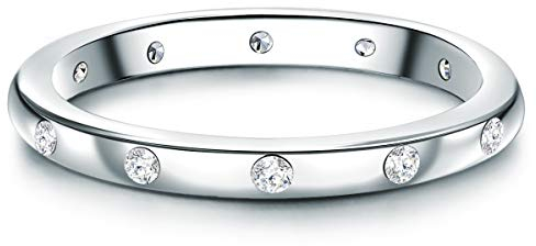Trilani Damen Ehering aus 925/- Sterling Silber mit Zirkonia im Brilliantschliff Bandring Vorsteckring Beisteckring Verlobungsring Silberring