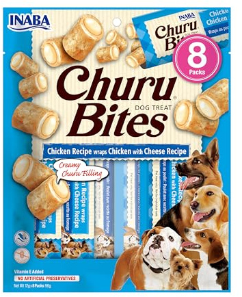 INABA Churu Bites echtem Fleisch, Hundeleckerli ohne Getreide, ohne Zucker, Keine Nebenerzeugnisse, Weiche Leckerlis für kleine Hunde und Seniorhunde in kleinen Häppchen, Huhn & Käse 96 g (1er Pack)