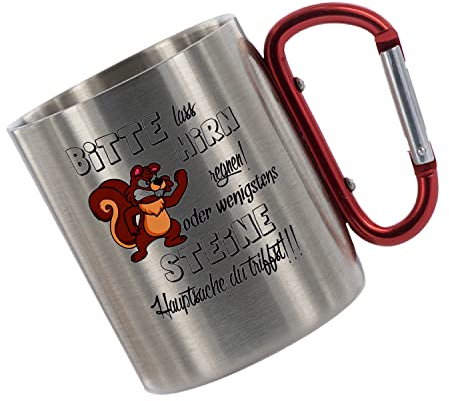 Crealuxe Edelstahltasse mit Karabiner 'Bitte lass Hirn regnen...' Tasse bedruckt, Kaffeetasse, Bürotasse, Metalltasse mit Name