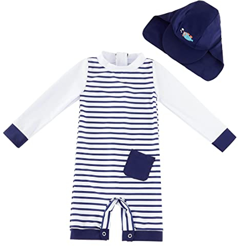 UMELOK Neugeboren Jungen Badeanzug UV Schutz 50+ Einteilige Schwimmanzug Mit Sonnenhut (Blau Streifen, 0-3 Monate/55-62 cm)