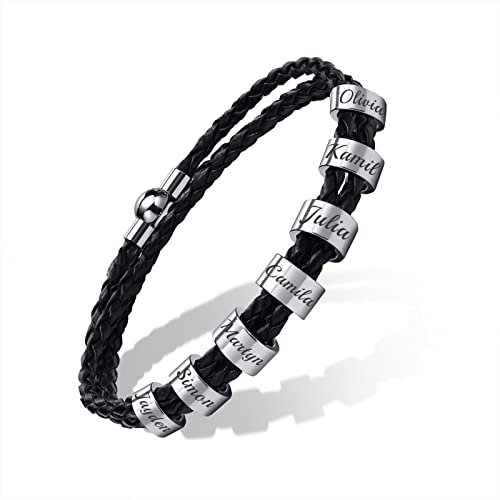 FLHEART Personalisierte Namen Perlen Armbänder - Benutzerdefinierte Unisex Dreifach Wrap Geflochtene Leder Armbänder Individuelles Initial Edelstahl Charm Armband, Gravur 7 Namen ID Armband